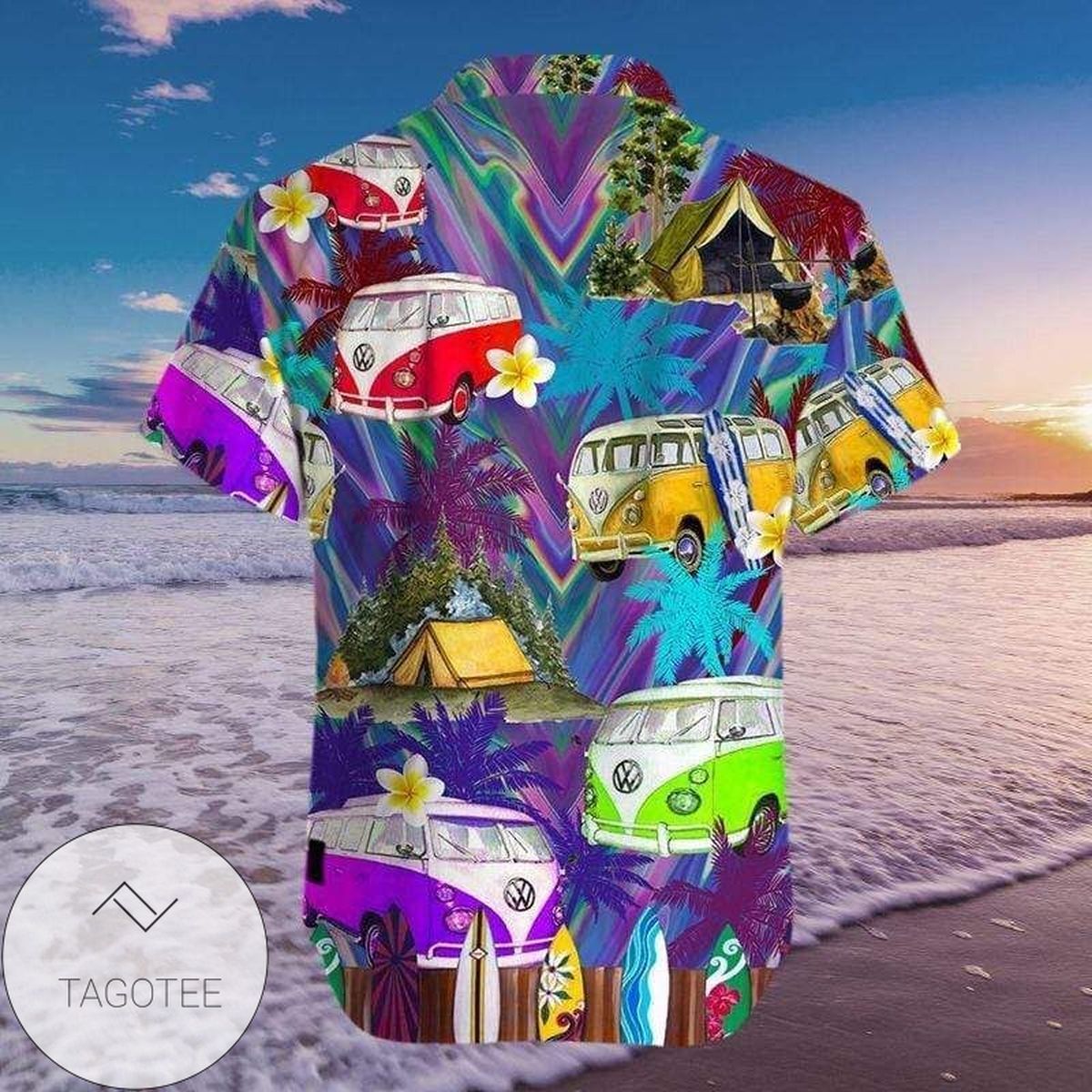 Hippie Van Camp Theme Exuding Free Spirit On This Unisex Hawaiian Shirt