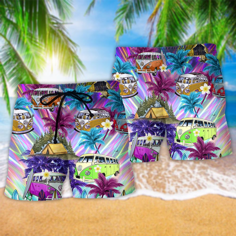 Hippie Van Go Every Where Tropical Coconut Trendy Aloha Hawaiian Beach Shorts