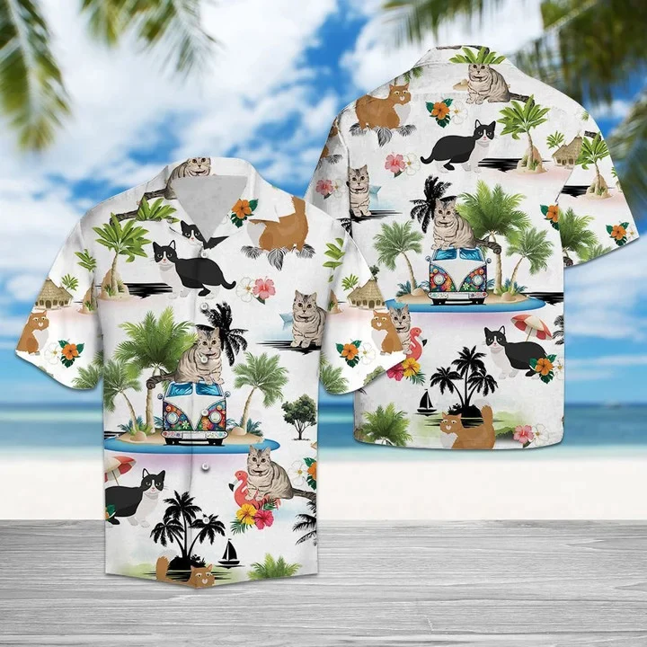 Hippie Van Munchkin Cat Enjoy Vacation Trendy Hawaiian Shirt