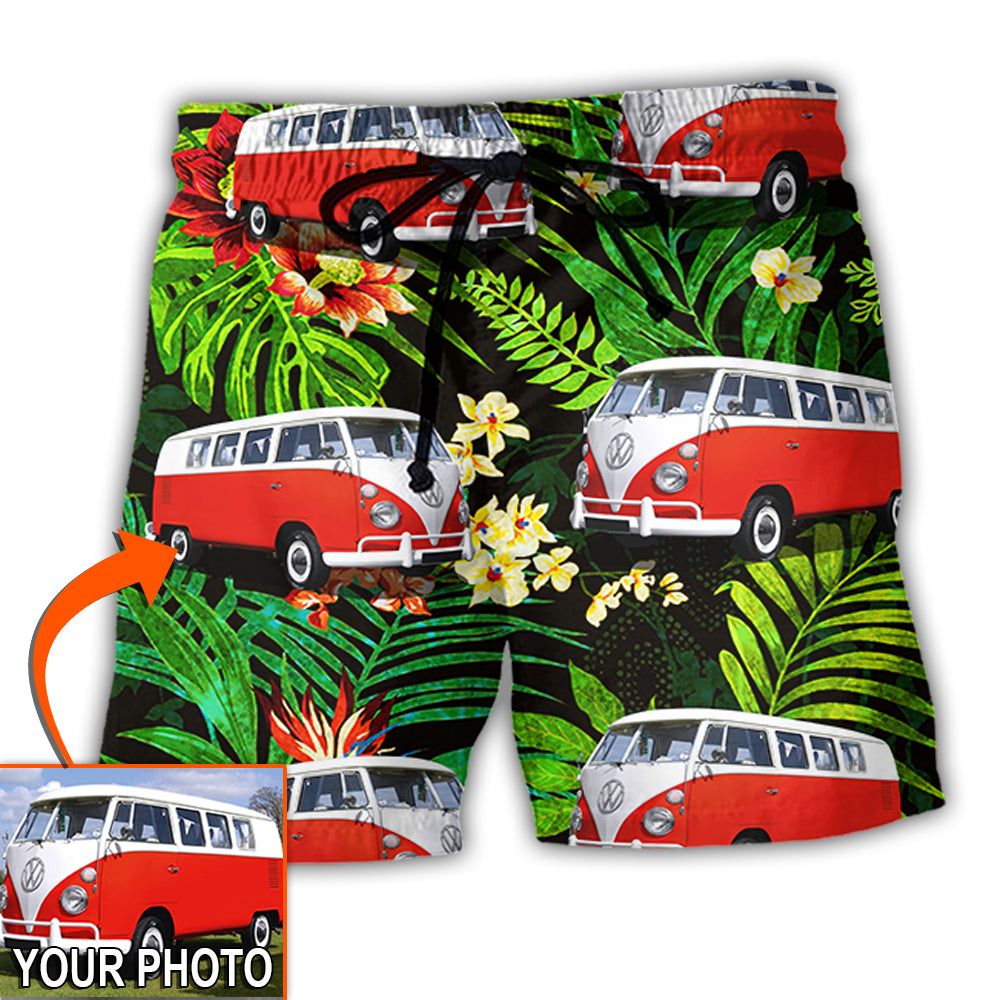 Hippie Van Volkswagen Camper Van Tropical Flower Custom Photo Trendy Aloha Hawaiian Beach Shorts Hippie Van Volkswagen Camper Van Tropical Flower Custom Photo Trendy Aloha Hawaiian Beach Shorts