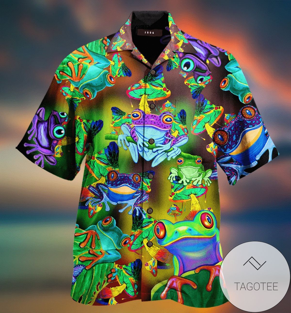 Hippie’s Day Out Frogs & Mushrooms Dance on Hawaiian Celebratory Shirt