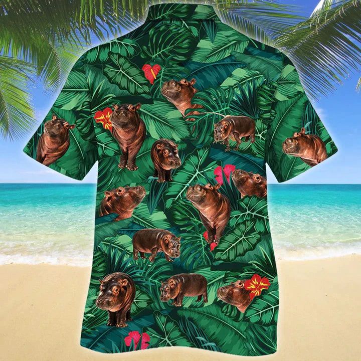 Hippo Lovers Gift Hawaiian Shirt, Tropical Hippo Men Hawaiian Shirts – Casual Button Down Short Sleeve Shirt