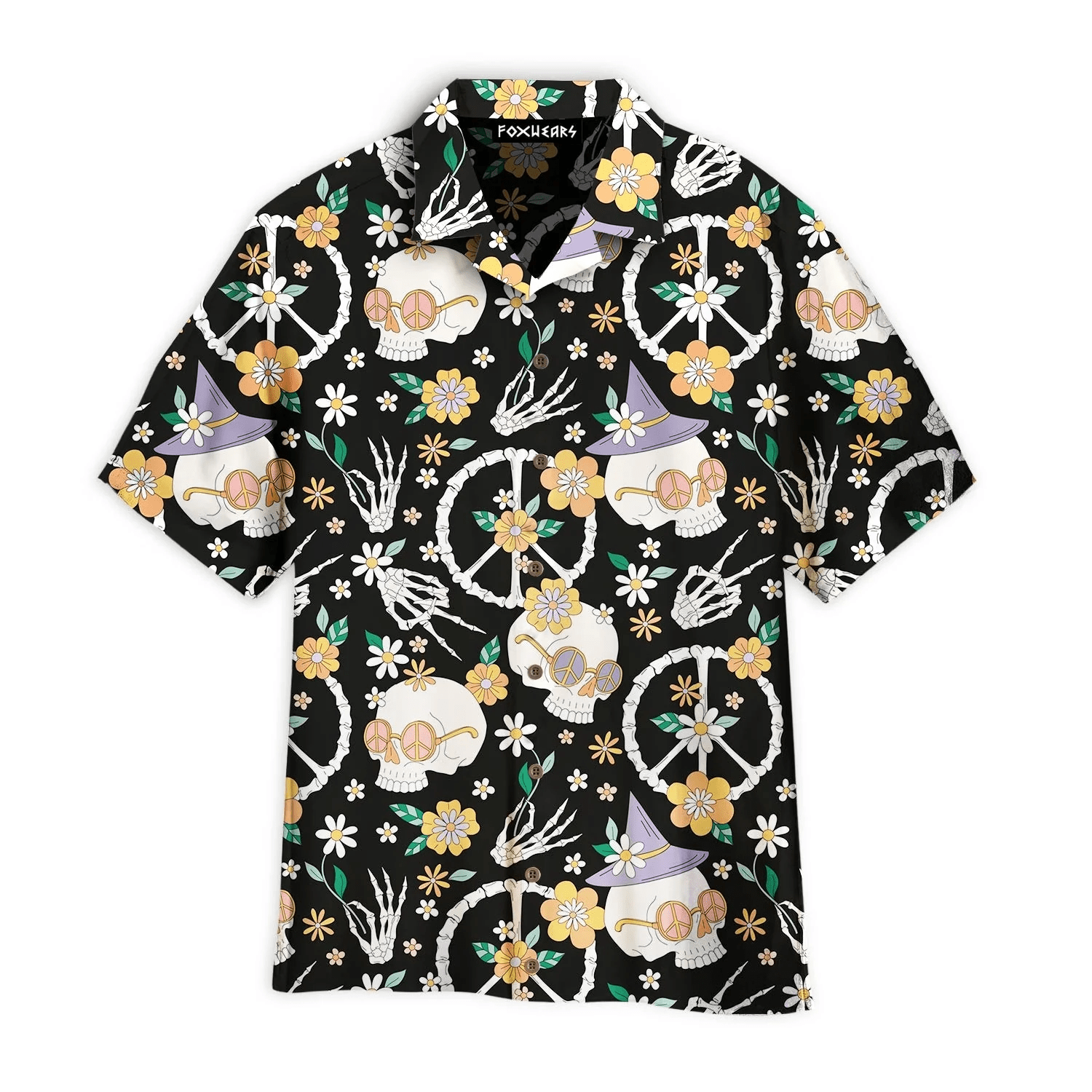Hippy Bony Halloween Skull Peace Aloha Hawaiian Shirts