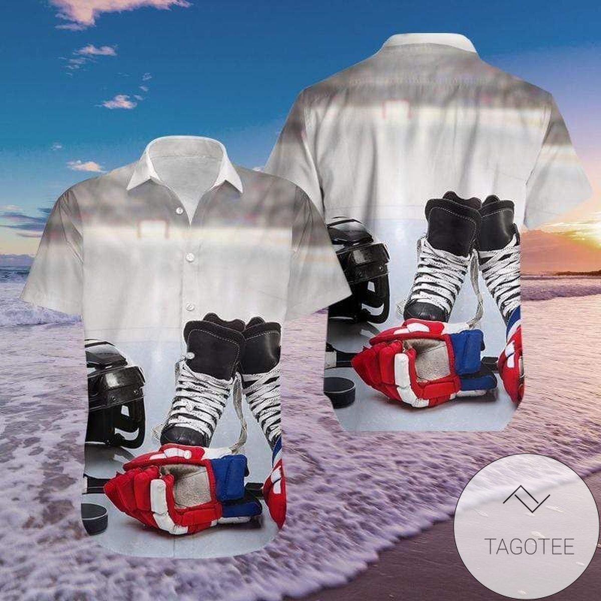 Hockey Gear Ready to Play Displayed in Hawaiian Shirt