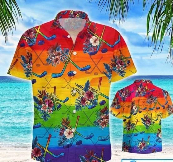 Hockey Lgbt Aloha Trendy Hawaiian Shirts For Summer, Hockey Tropical Colorful Rainbow Lgbt Trendy Hawaiian Shirts, Pride Gift For Gaymer And Lesbian
