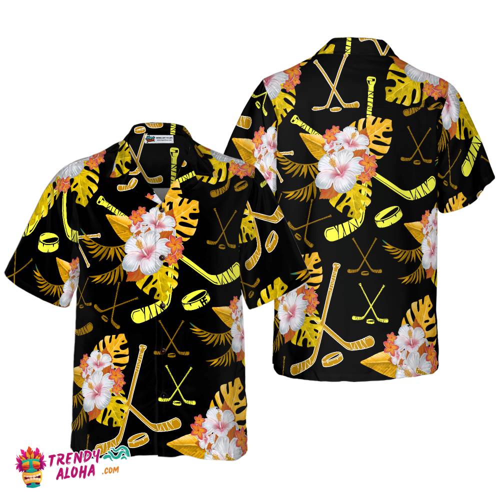 Hockey Tropical Black &Amp; Yellow Hawaiian Shirt