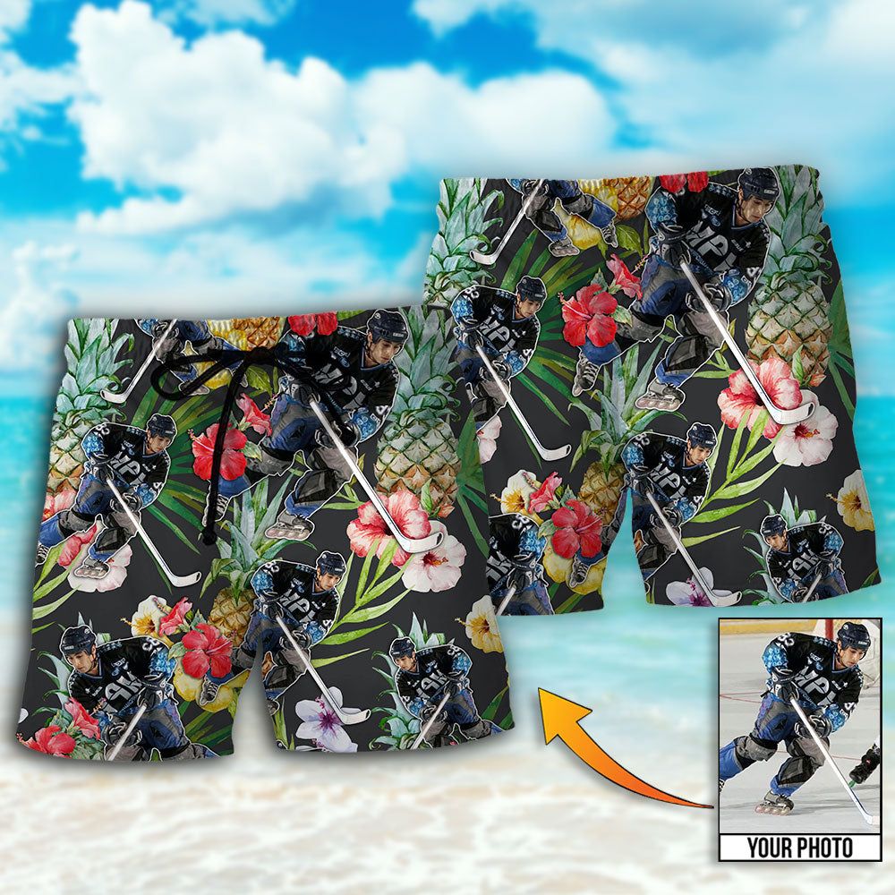 Hockey Tropical Flower Custom Photo Trendy Aloha Hawaiian Beach Shorts
