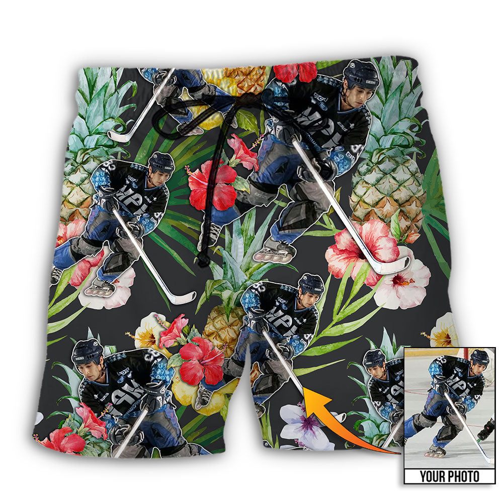 Hockey Tropical Flower Custom Photo Trendy Aloha Hawaiian Beach Shorts Hockey Tropical Flower Custom Photo Trendy Aloha Hawaiian Beach Shorts