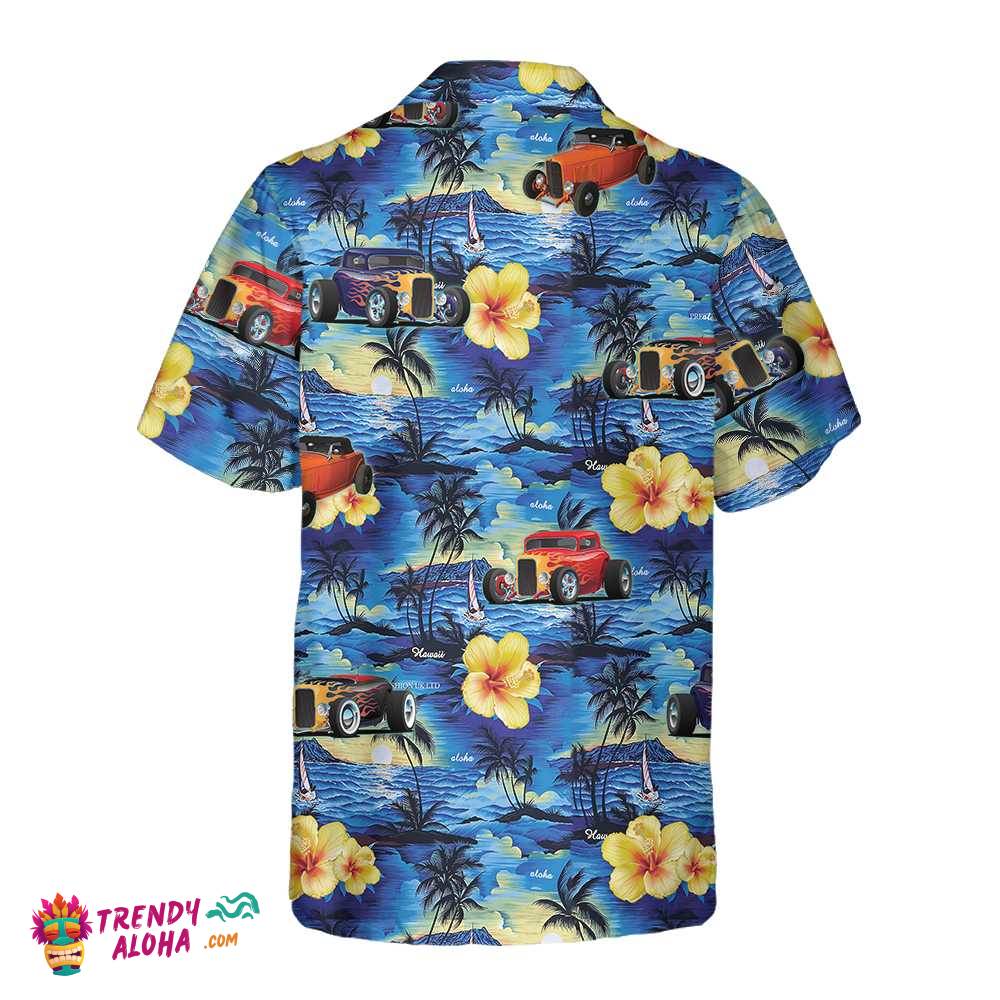Hod Rod And Tropical Hibiscus Pattern Hawaiian Shirt, Cool Hot Rod Shirt For Men