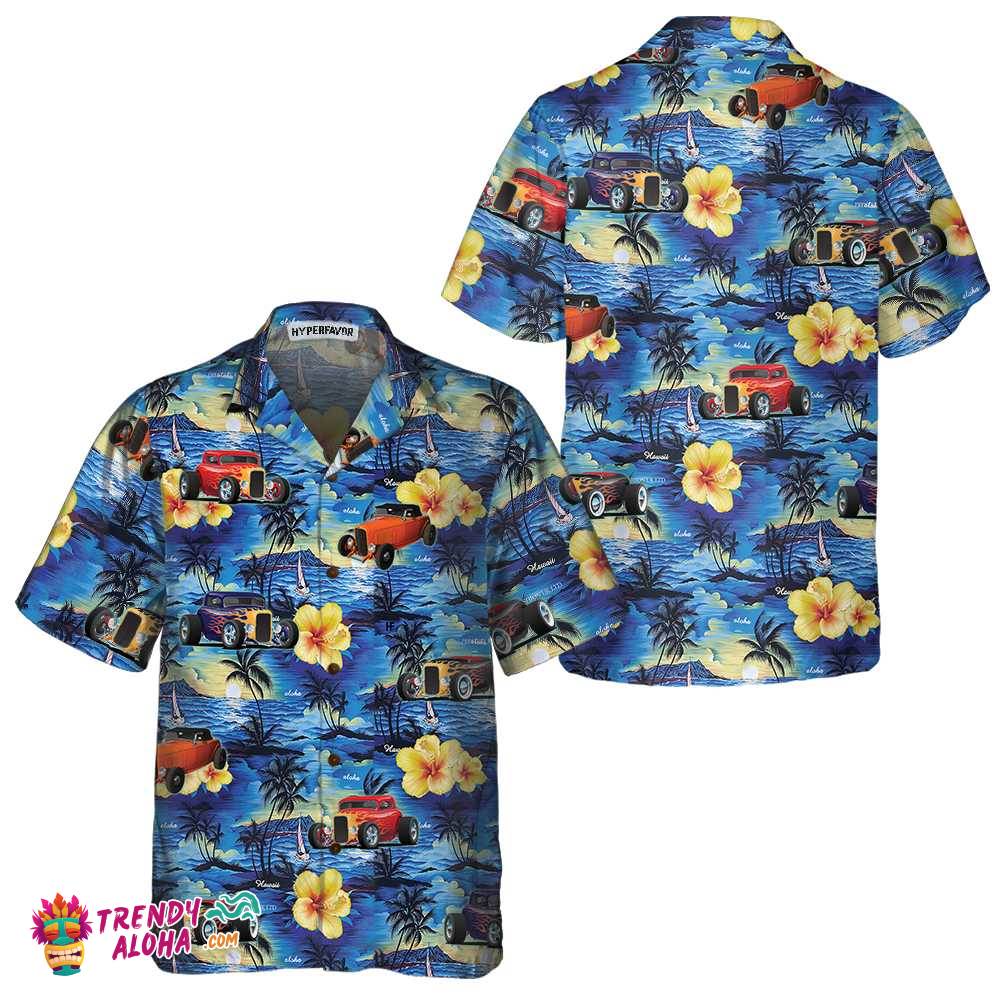 Hod Rod And Tropical Hibiscus Pattern Hawaiian Shirt, Cool Hot Rod Shirt For Men Hod Rod And Tropical Hibiscus Pattern Hawaiian Shirt, Cool Hot Rod Shirt For Men