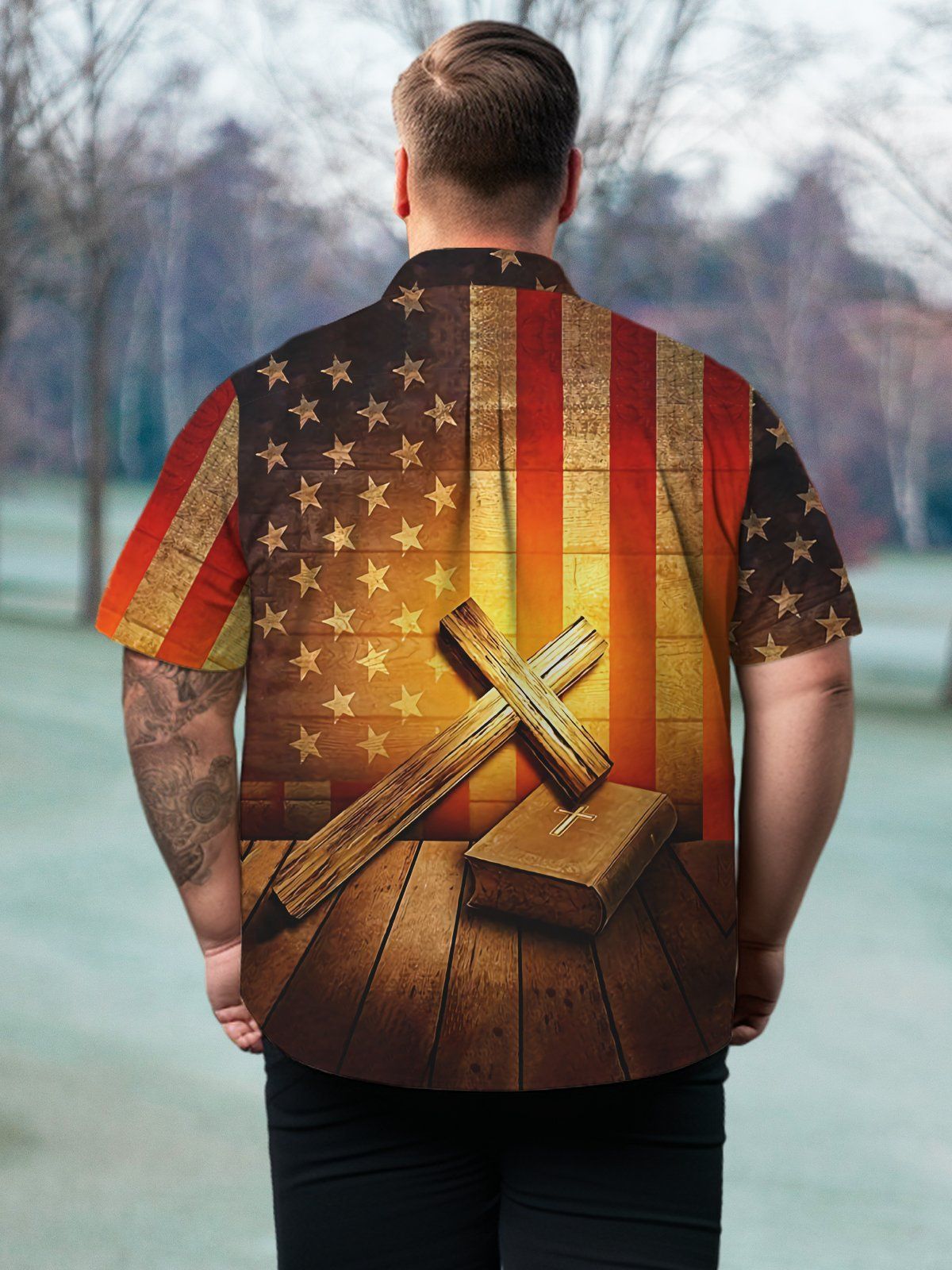 Holidays Big & Tall Flag Cross Hawaiian Shirt Patriotic Religion Hawaiian Shirt
