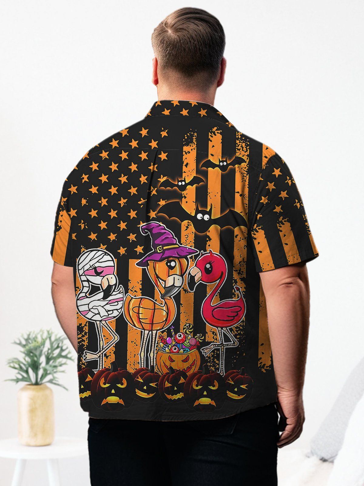Holidays Big & Tall Flags Hawaiian Shirt Halloween Pumpkin Flamingo Hawaiian Shirt