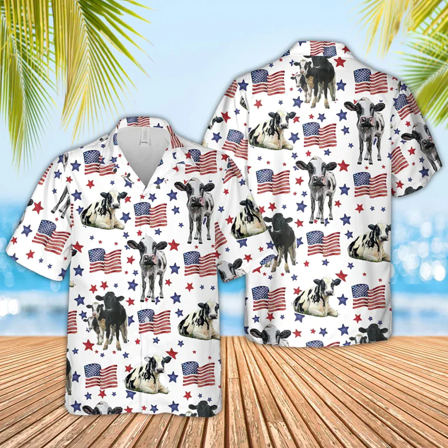 Holstein American Flag Pattern Trendy Hawaiian Shirt For Men And Women, 4Th Of July Trendy Hawaiian Shirt