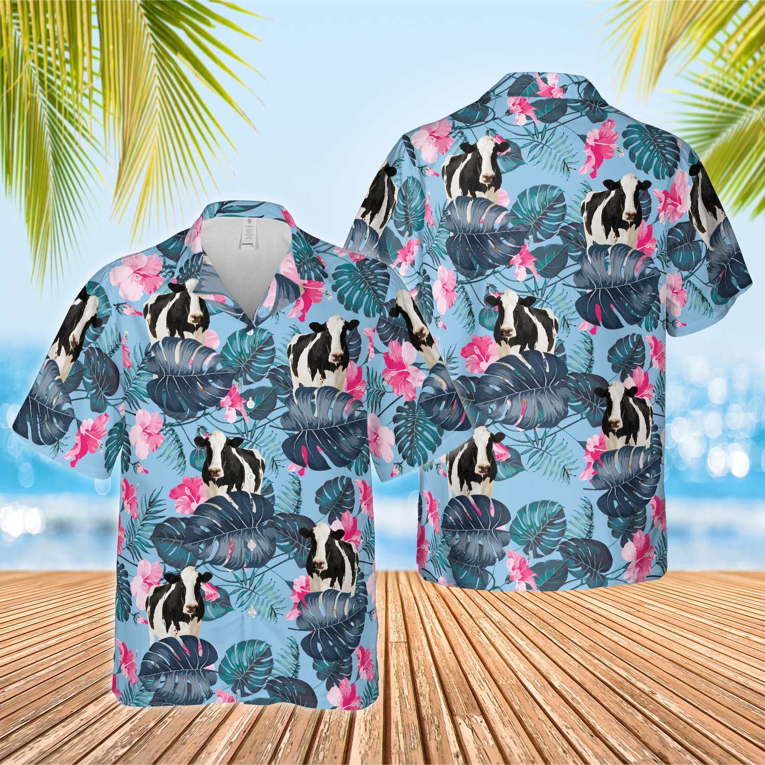 Holstein Blue Hibiscus Scene Hawaiian Shirt 3D Printed Unique