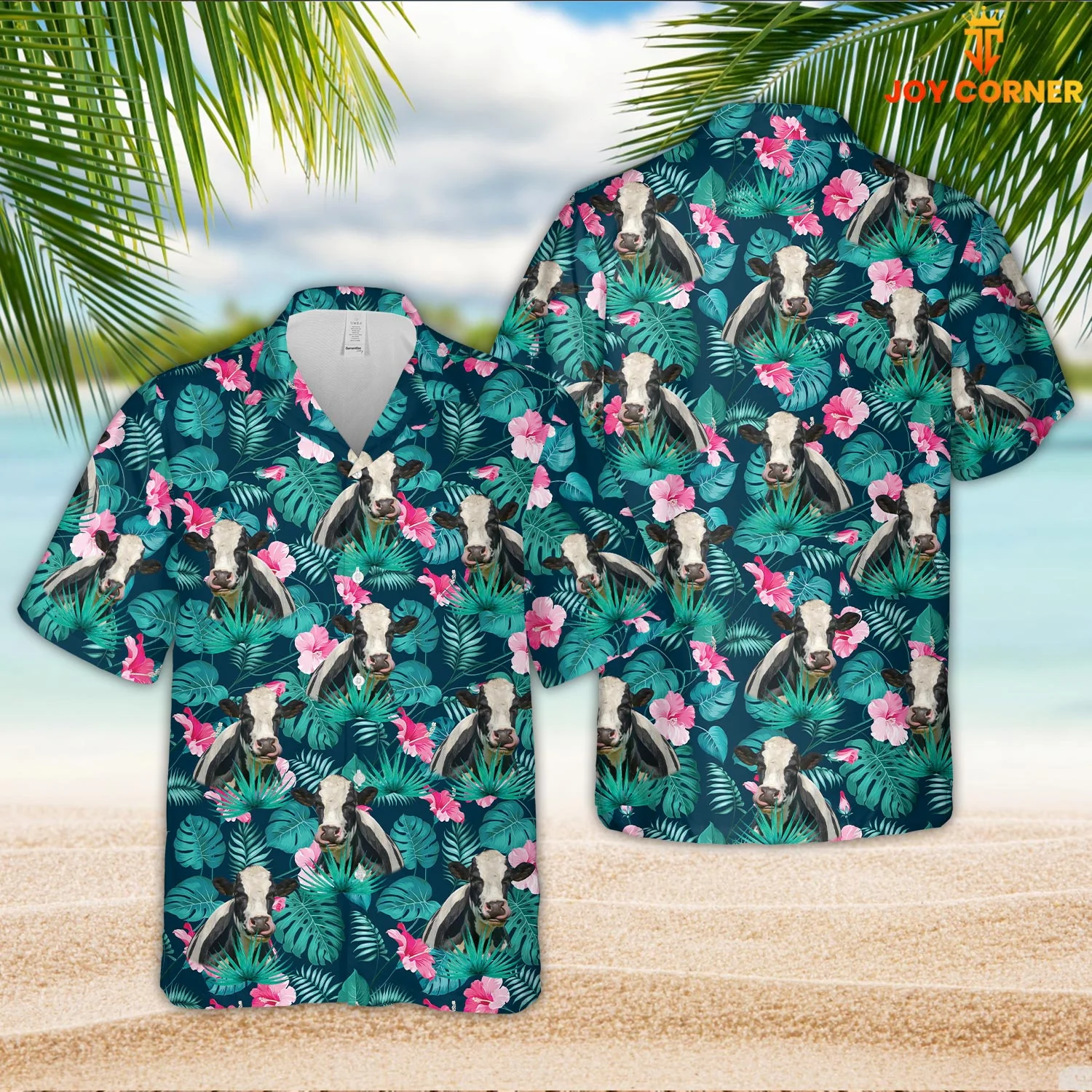Holstein Breed Hawaiian Shirt Showcasing Blue Summertime Florals 3D Print Detail