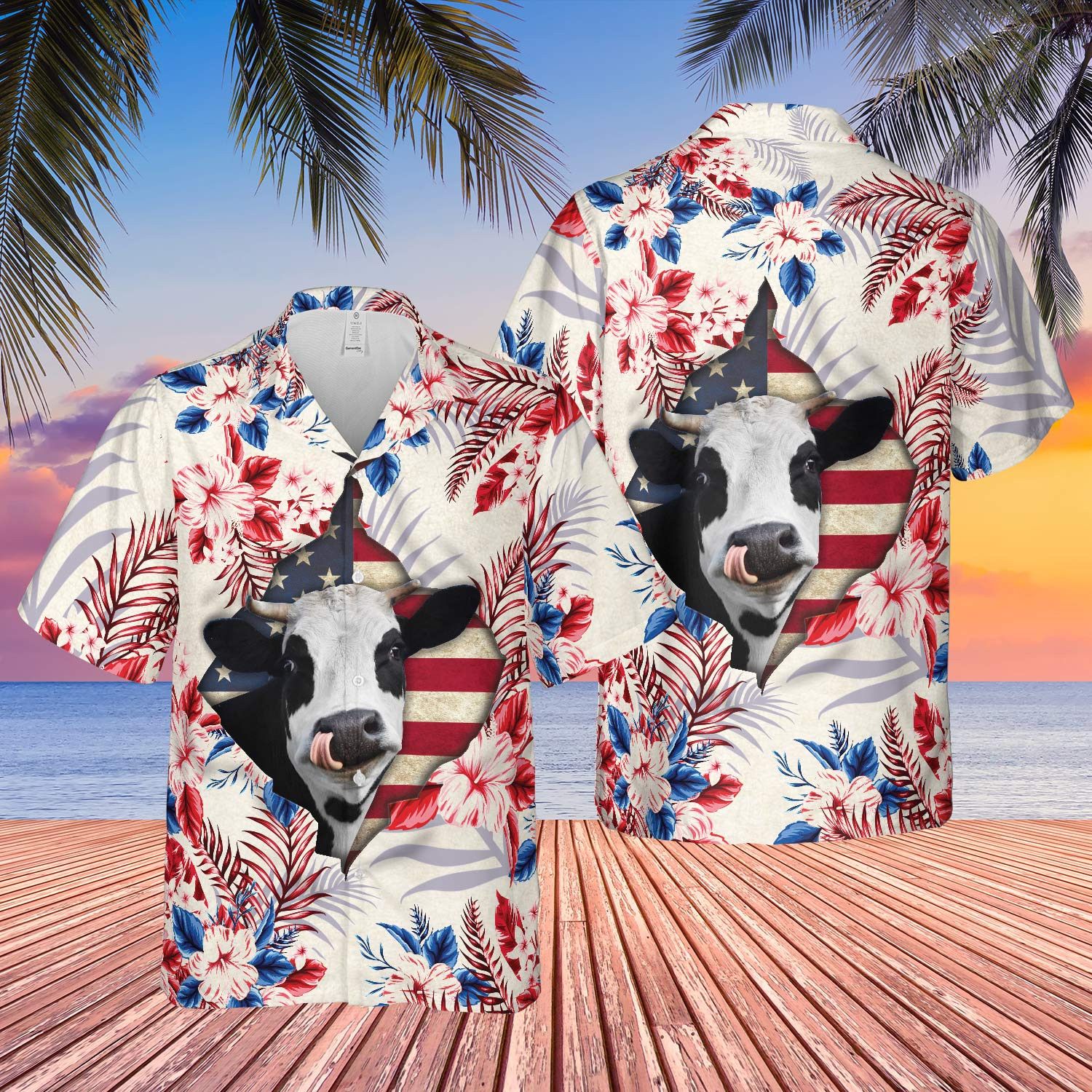 Holstein Face Hibiscus Flower All Over Printed 3D Hawaiian Shirt
