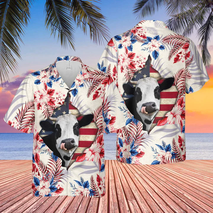 Holstein Face Hibiscus Flower All Over Printed 3D Trendy Hawaiian Shirt, Summer Aloha Shirt Men And Women