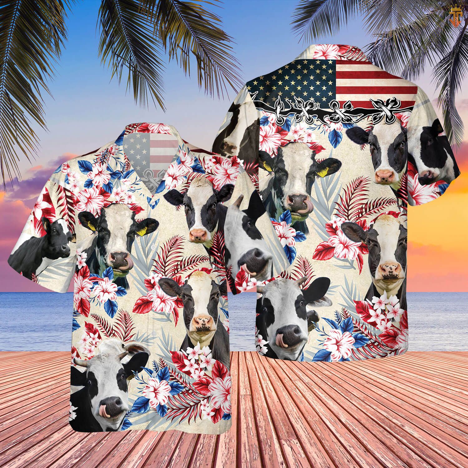 Holstein Friesian Cattle American Flag Hawaiian Flowers All Over Printed 3D Hawaiian Shirt