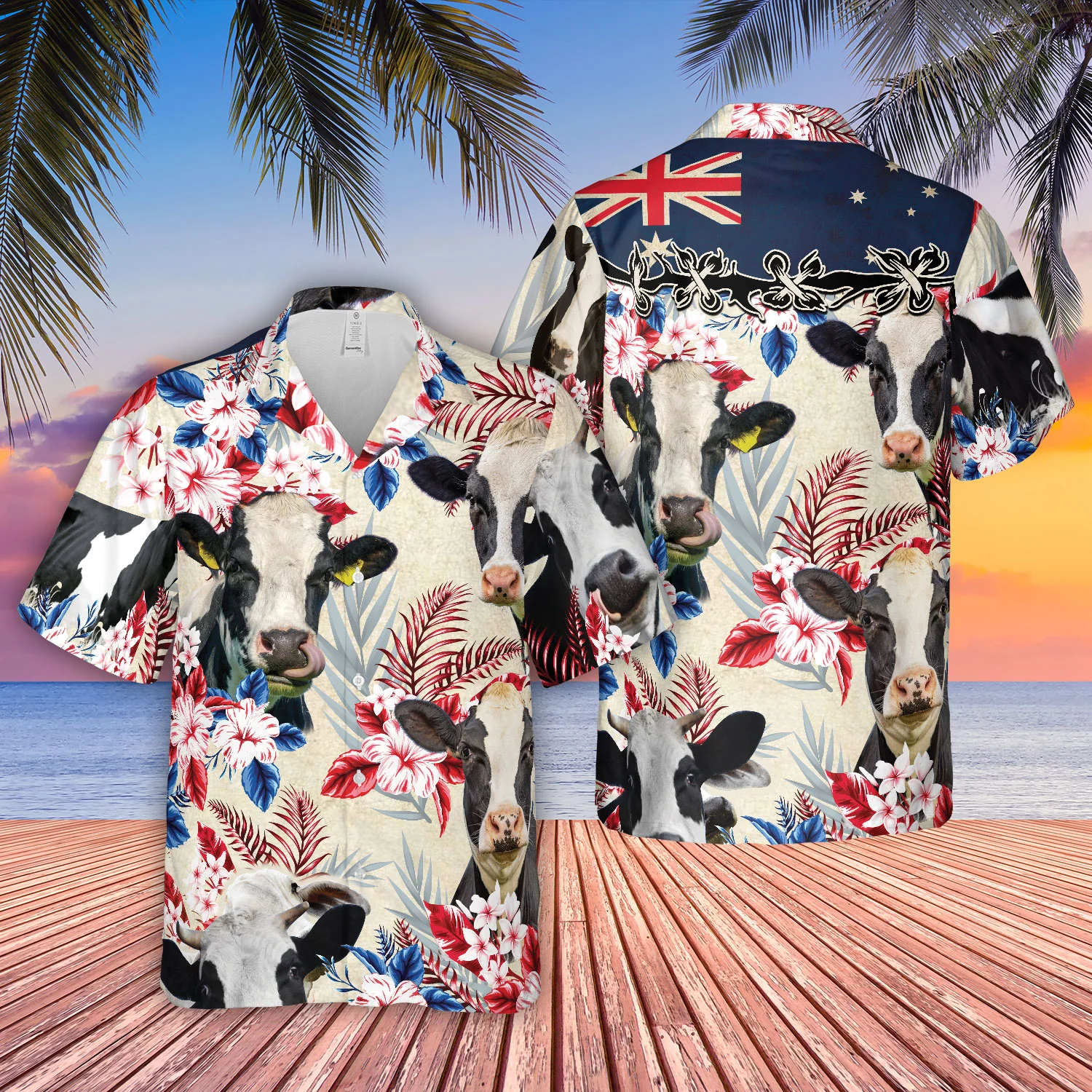 Holstein Friesian Cattle Australia Flag Hawaiian Flowers Hawaiian Shirt