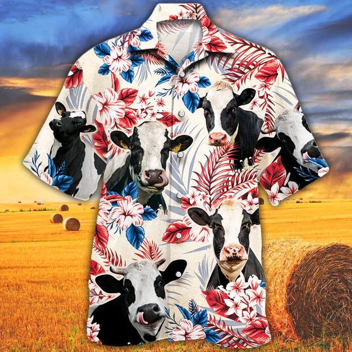 Holstein Friesian Cattle Lovers American Flag Hawaiian Shirt, Cow Aloha Hawaiian Shirt, Cow Hawaiian Shirt Vintage, Hawaiian Shirt Men