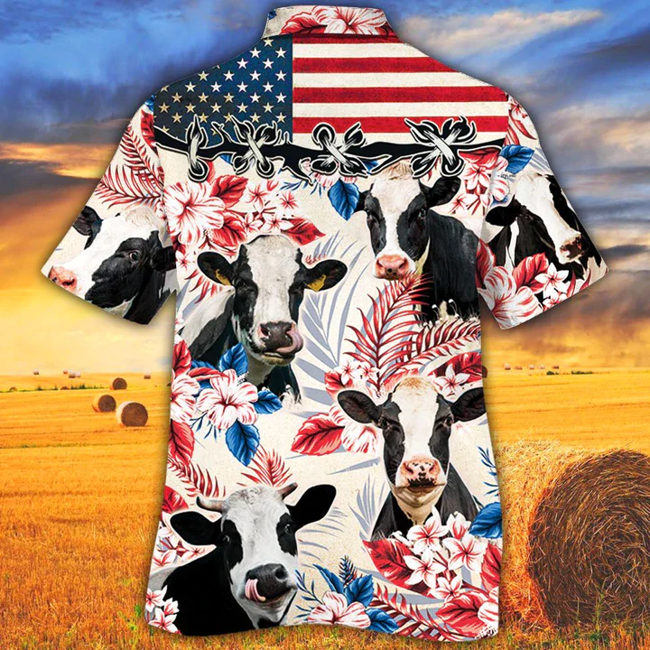 Holstein Friesian Cattle Lovers American Flag Trendy Hawaiian Shirt, Cow Aloha Trendy Hawaiian Shirt, Cow Trendy Hawaiian Shirt Vintage, Trendy Hawaiian Shirt Men