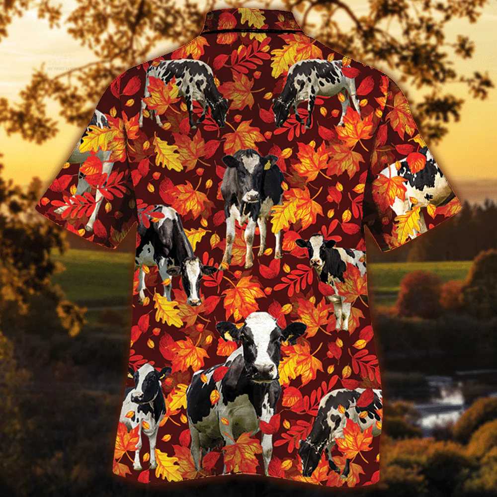 Holstein Friesian Cattle Lovers Autumn Red Leaves Trendy Hawaiian Shirt, Cow Trendy Hawaiian Shirt For Summer Gifts