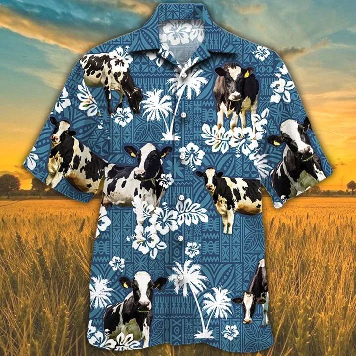 Holstein Friesian Cattle Lovers Blue Tribal Hawaiian Shirt, Cow Hawaiian Shirts For Men, Women