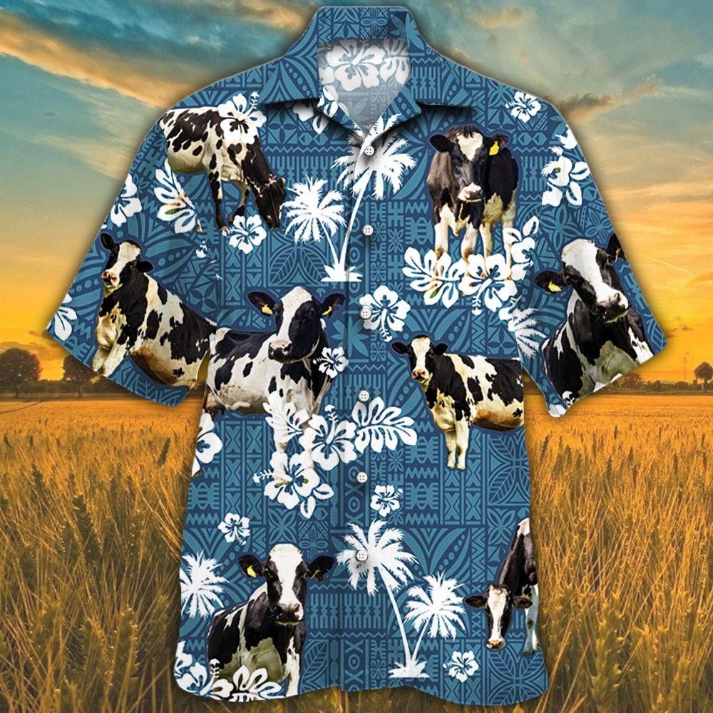Holstein Friesian Cattle Lovers Blue Tribal Trendy Hawaiian Shirt, Cow Trendy Hawaiian Shirt For Summer Gifts