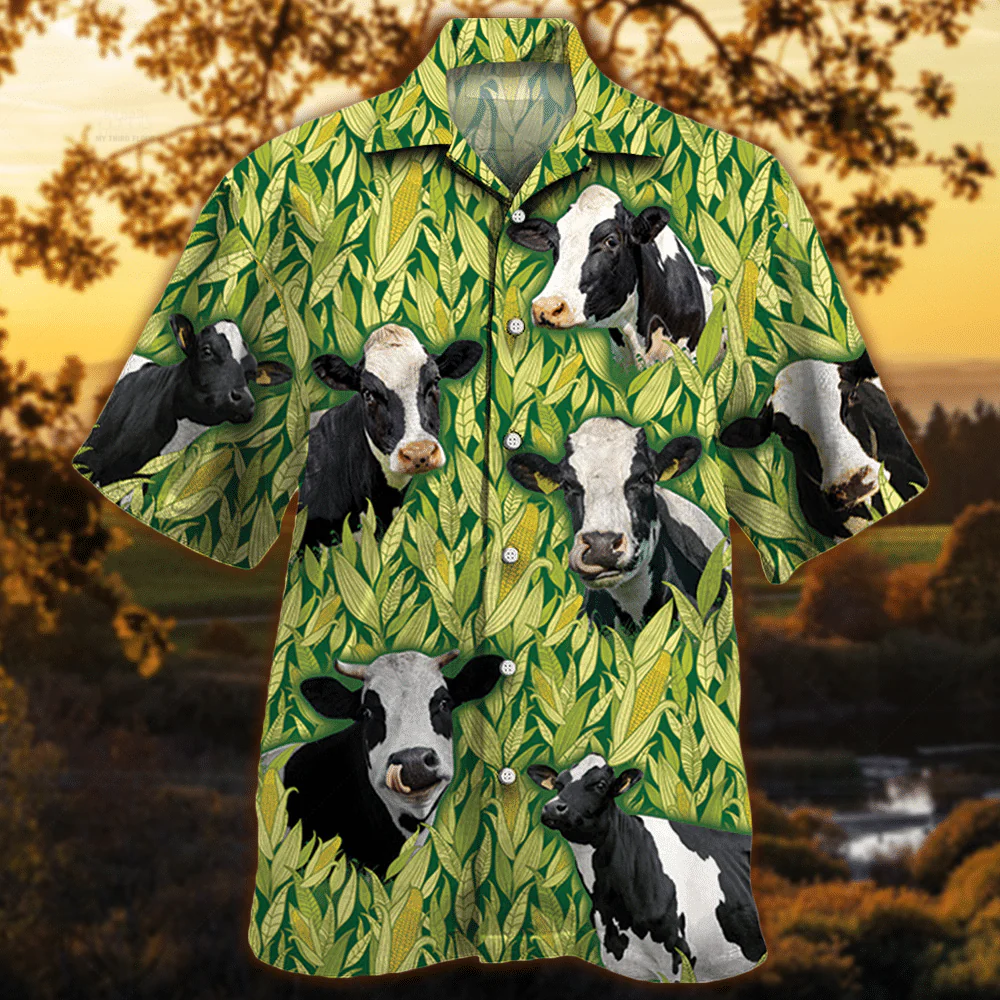 Holstein Friesian Cattle Lovers Corn Pattern Trendy Hawaiian Shirt, Cow Trendy Hawaiian Shirt For Summer Gifts Holstein Friesian Cattle Lovers Corn Pattern Trendy Hawaiian Shirt, Cow Trendy Hawaiian Shirt For Summer Gifts