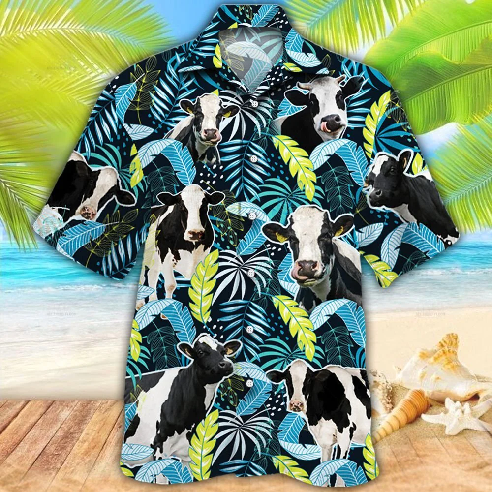 Holstein Friesian Cattle Lovers Jungle Leaves Trendy Hawaiian Shirt, Cow Trendy Hawaiian Shirt For Summer Gifts Holstein Friesian Cattle Lovers Jungle Leaves Trendy Hawaiian Shirt, Cow Trendy Hawaiian Shirt For Summer Gifts