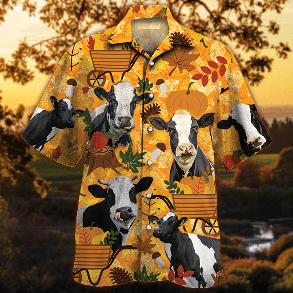 Holstein Friesian Cattle Lovers Orange Nature Autumn Trendy Hawaiian Shirt, Cow Trendy Hawaiian Shirt For Summer Gifts Holstein Friesian Cattle Lovers Orange Nature Autumn Trendy Hawaiian Shirt, Cow Trendy Hawaiian Shirt For Summer Gifts