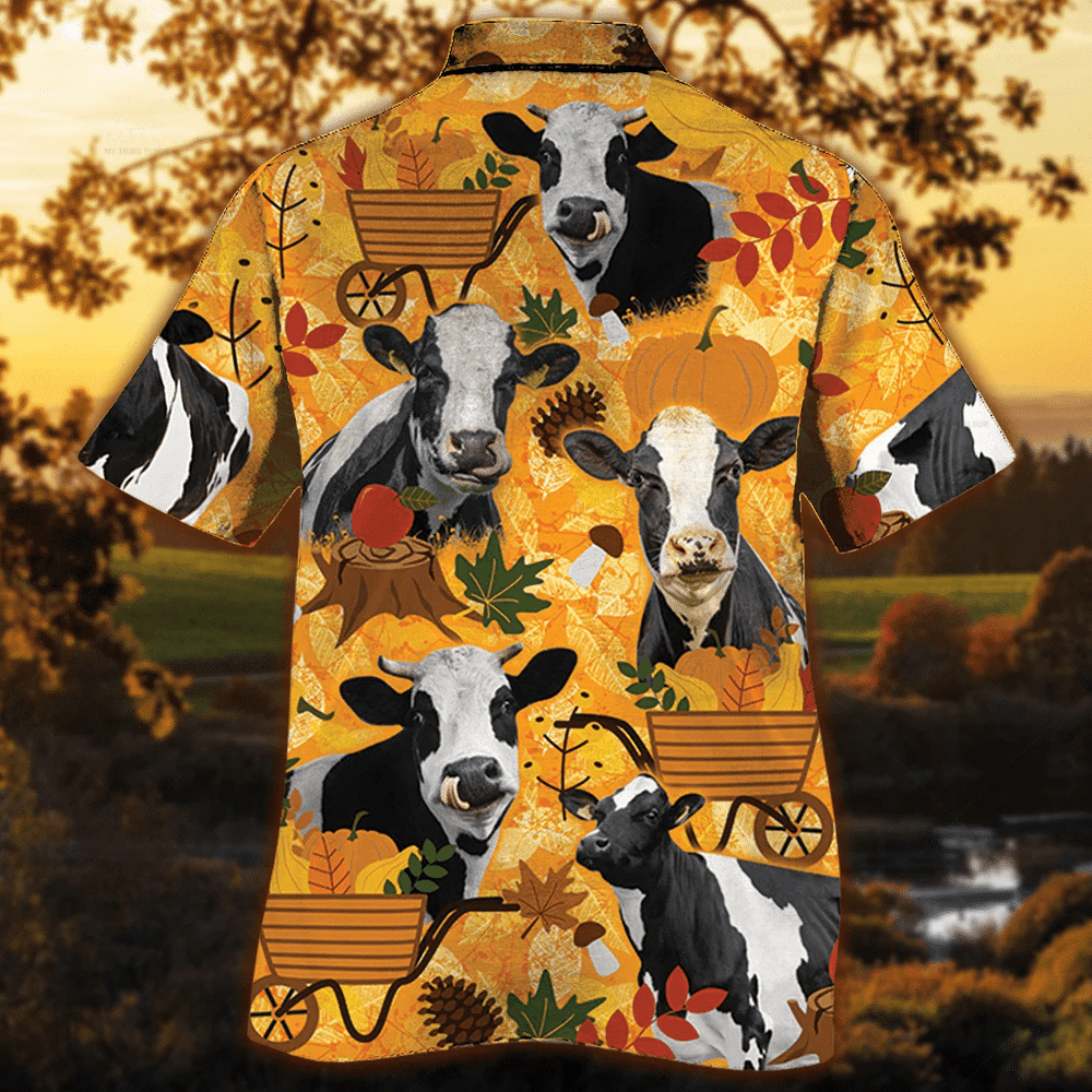Holstein Friesian Cattle Lovers Orange Nature Autumn Trendy Hawaiian Shirt, Cow Trendy Hawaiian Shirt For Summer Gifts