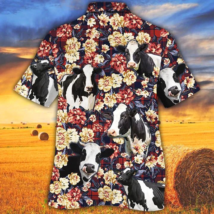 Holstein Friesian Cattle Lovers Red Plaid Pattern Hawaiian Shirt Men, Cow Hawaiian Shirt, Summer Hawaiian Shirt, Animal Shirt