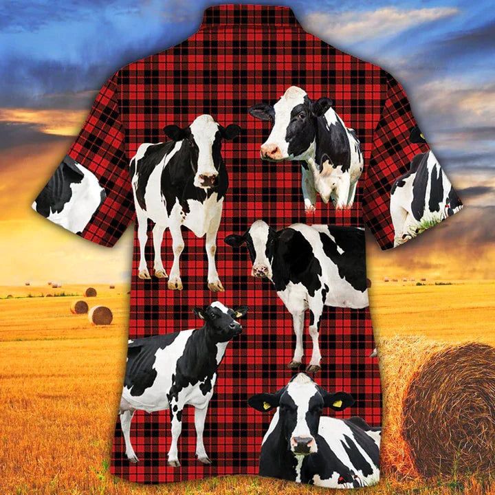 Holstein Friesian Cattle Lovers Red Tartan Pattern Hawaiian Shirt- Animal Hawaiian Shirt, Cow Aloha Shirt, Gift For Cow Lovers