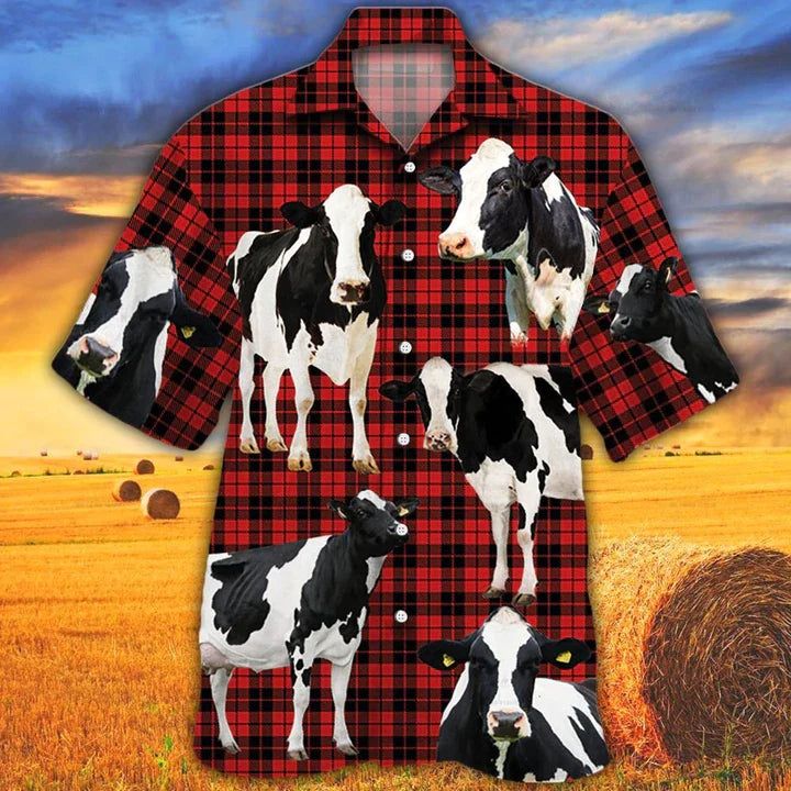 Holstein Friesian Cattle Lovers Red Tartan Pattern Hawaiian Shirt- Animal Hawaiian Shirt, Cow Aloha Shirt, Gift For Cow Lovers