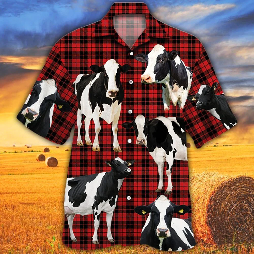 Holstein Friesian Cattle Lovers Red Tartan Pattern Trendy Hawaiian Shirt, Cow Trendy Hawaiian Shirt For Summer Gifts Holstein Friesian Cattle Lovers Red Tartan Pattern Trendy Hawaiian Shirt, Cow Trendy Hawaiian Shirt For Summer Gifts