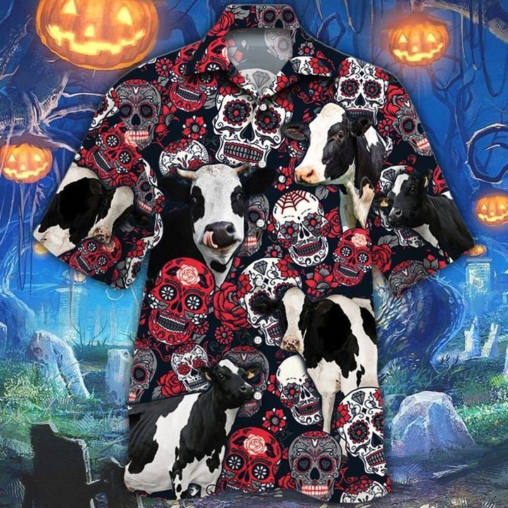 Holstein Friesian Cattle Lovers Sugar Skull Floral Hawaiian Shirt