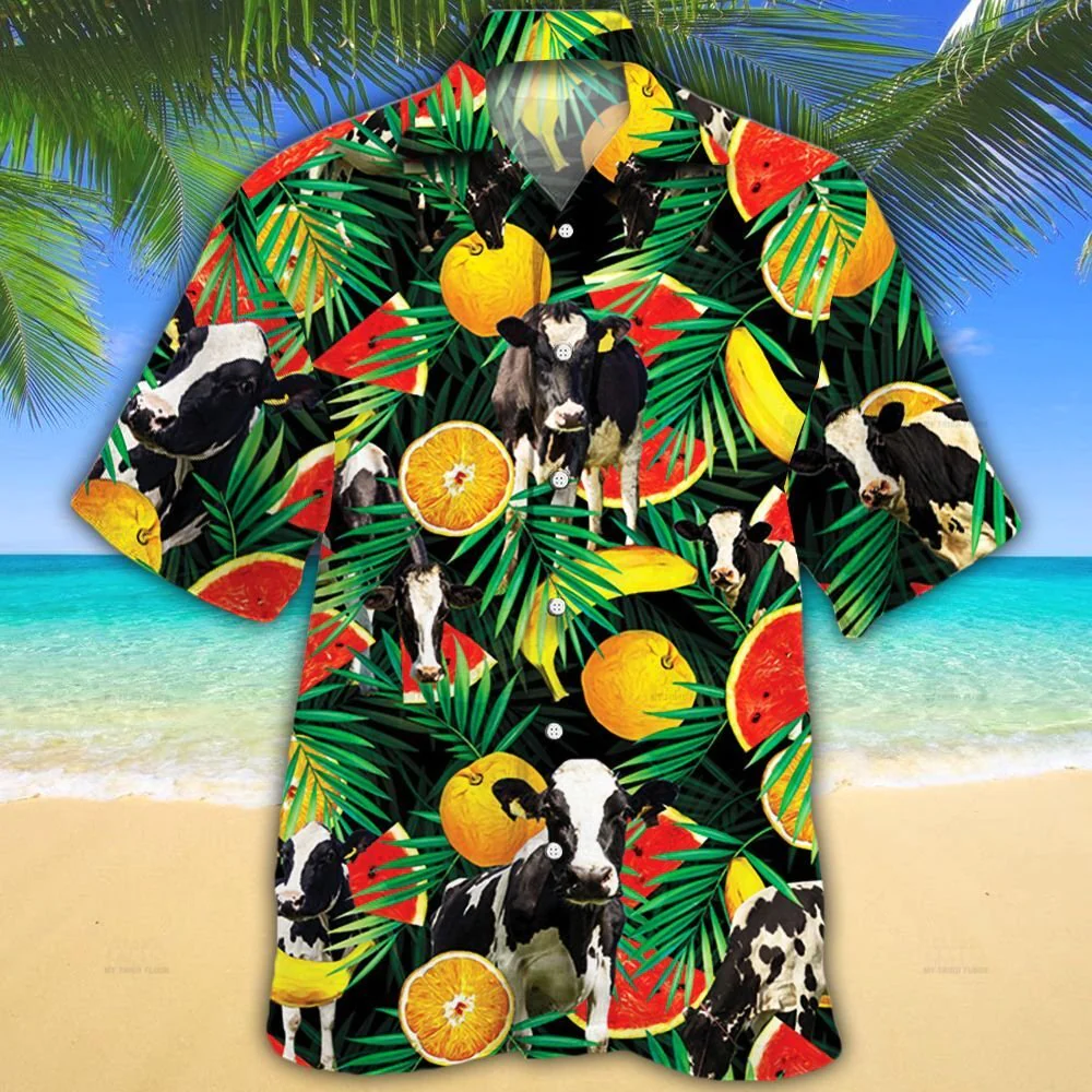 Holstein Friesian Cattle Lovers Tropical Fruits Trendy Hawaiian Shirt, Cow Trendy Hawaiian Shirt For Summer Gifts