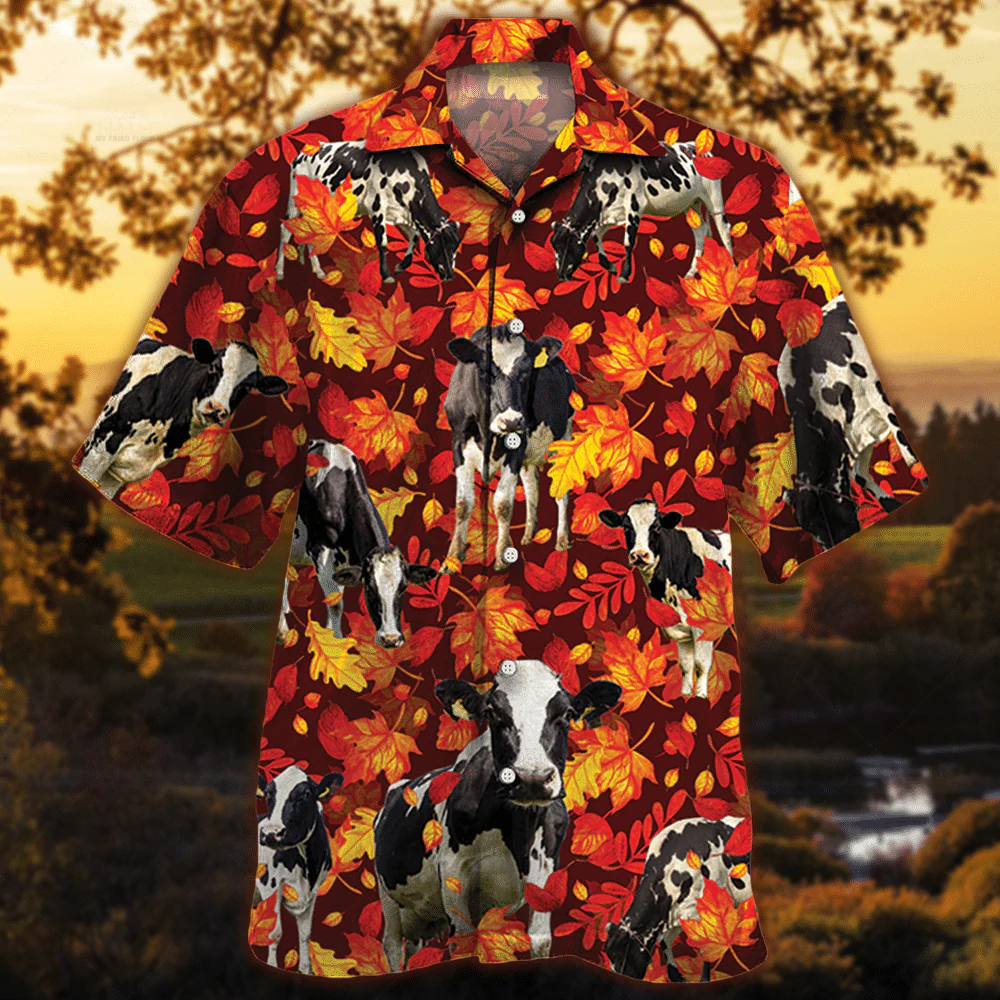 Holstein Friesian Cow Hawaiian Shirt with Autumn Leaves