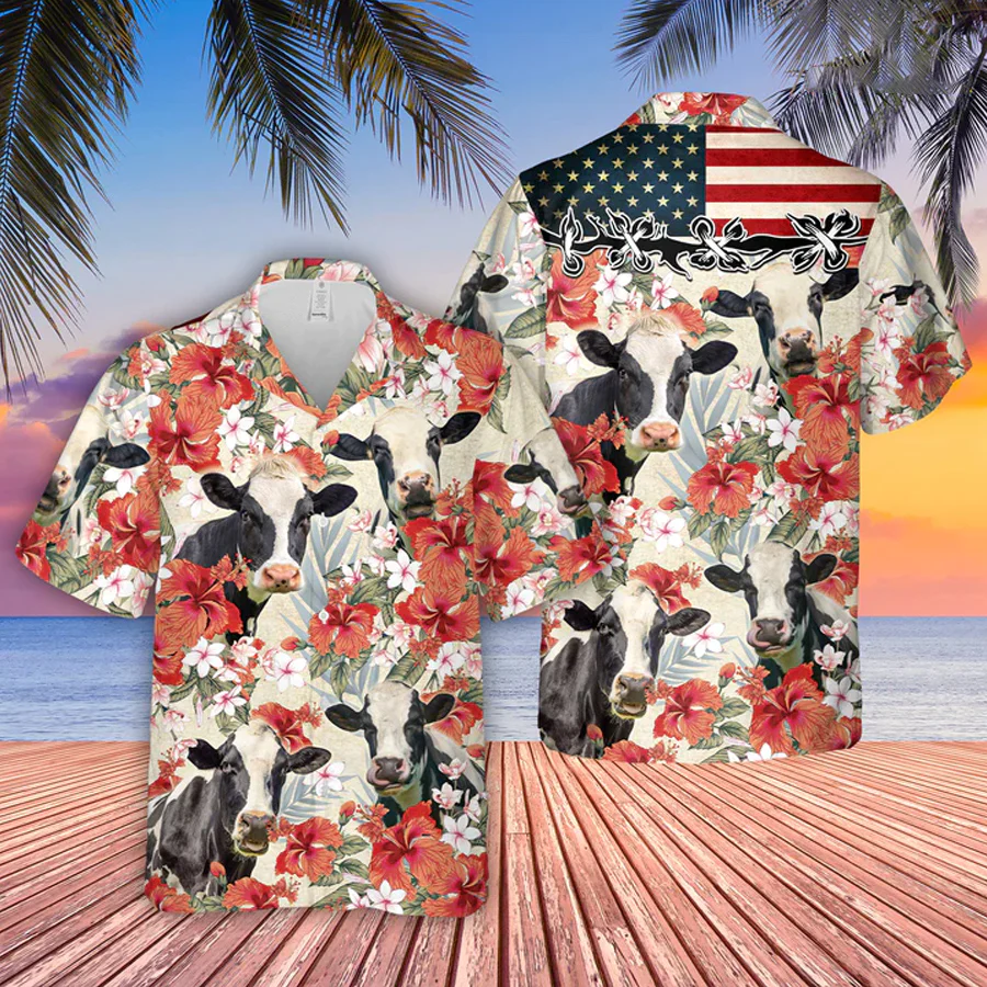 Holstein Hibicus Floral Us Flag 3D Trendy Hawaiian Shirt