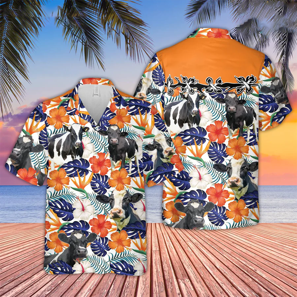 Holstein Hibiscus Blue Floral Custom Name 3D Trendy Hawaiian Shirt