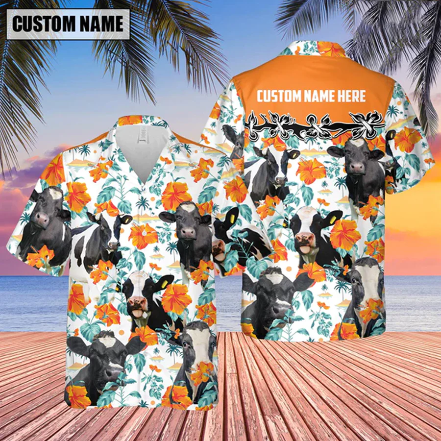 Holstein Hibiscus Floral Custom Name 3D Trendy Hawaiian Shirt, Summer Gifts For Men And Women