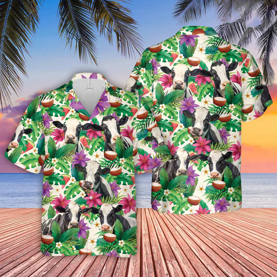 Holstein Summer Floral 3D Trendy Hawaiian Shirt, Farm Lover Hawaii Shirt, Hawaiian Casual Button Down Shirt