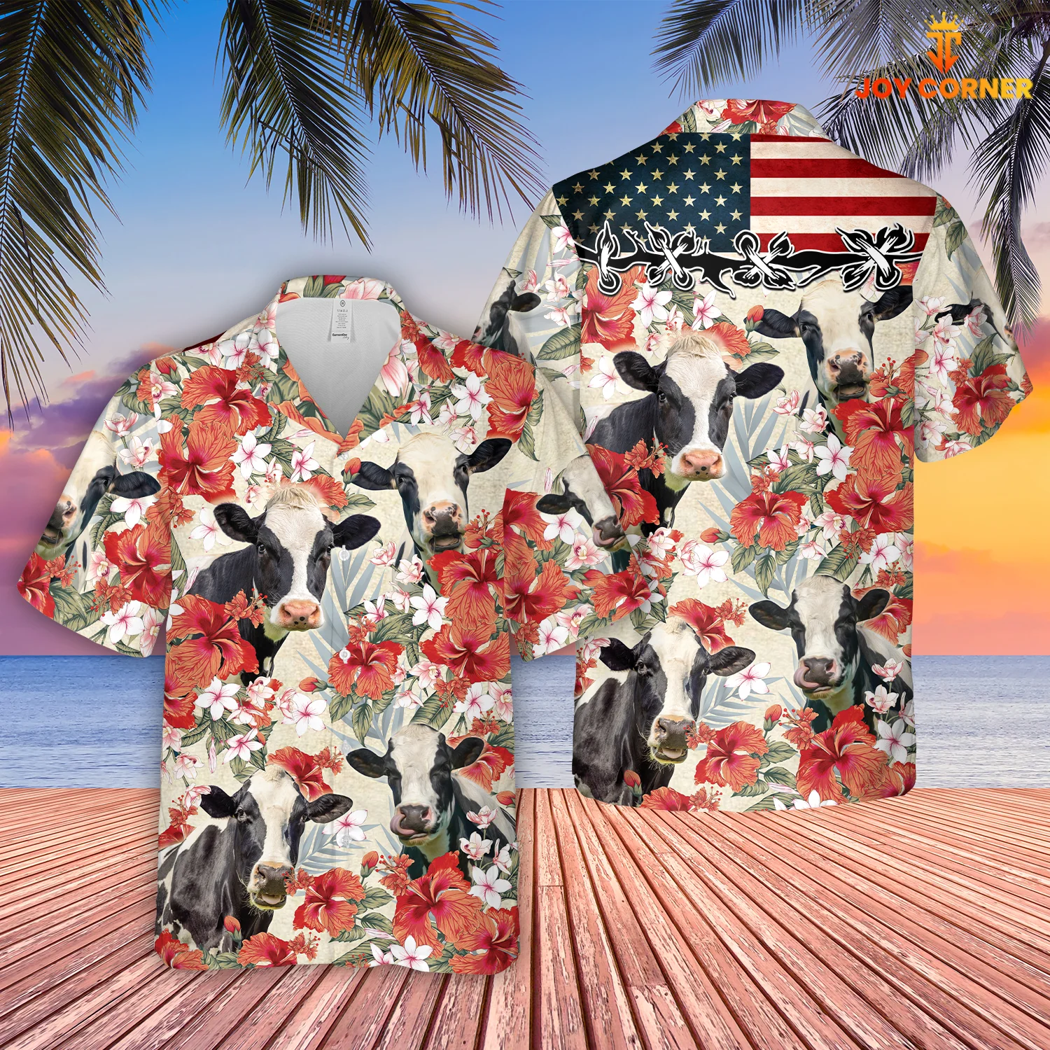 Holstein Us Flag Floral Hibiscus 3D Hawaiian Shirt Elegant Print