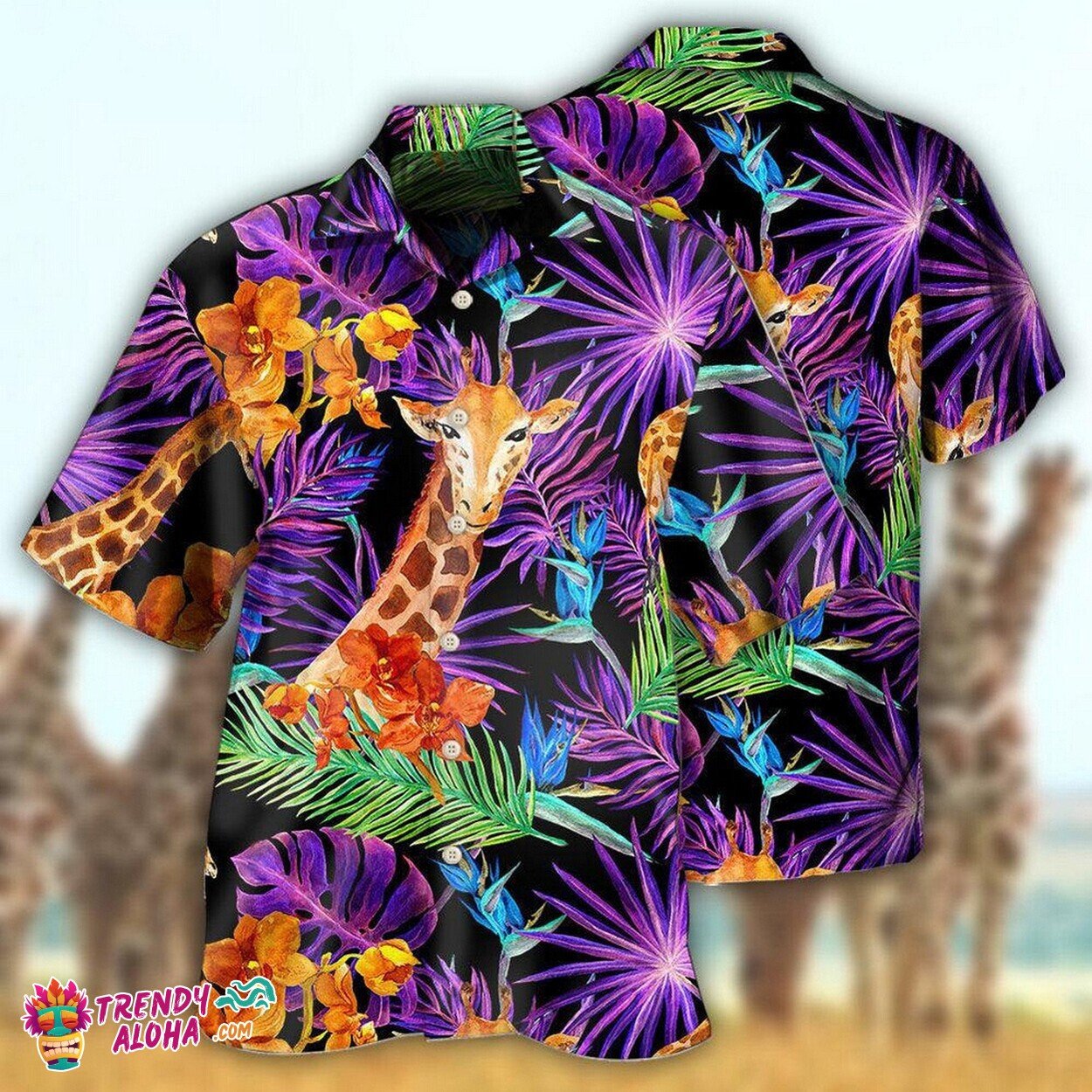 Honolulu Giraffe Surf Tropical Leaves Men Hawaiian Short Sleeve Shirt