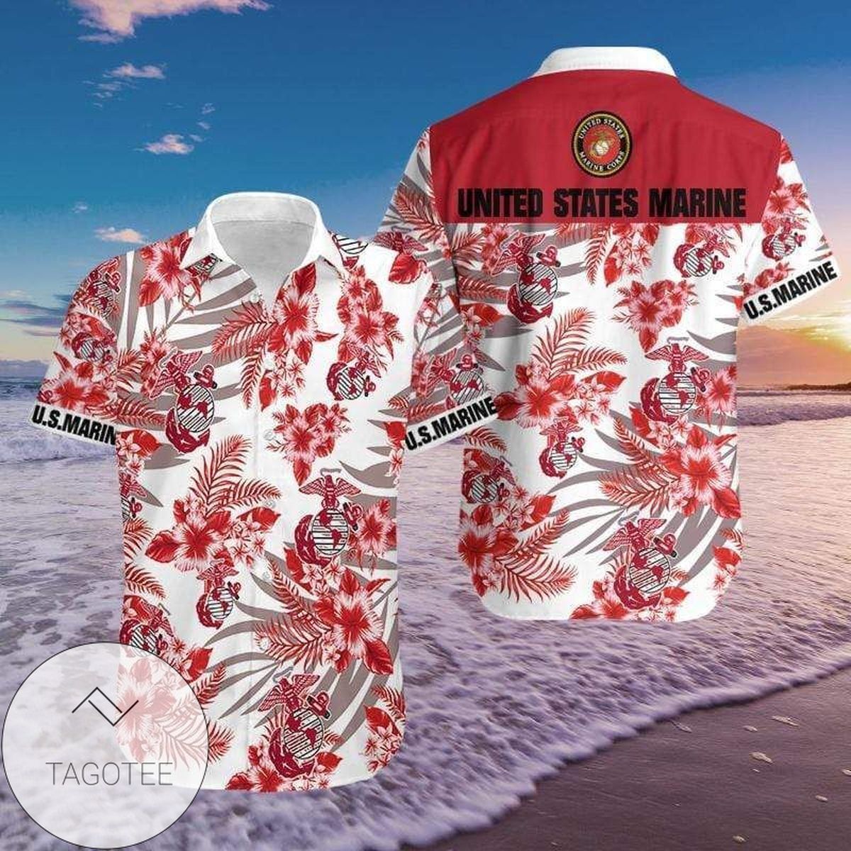 Honoring the Us Marine with Red Hibiscus Design on Hawaiian Shirt