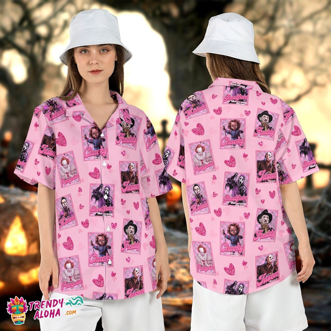 Horror Movie Characters Tarot Pink Hawaiian Halloween Aloha Tee