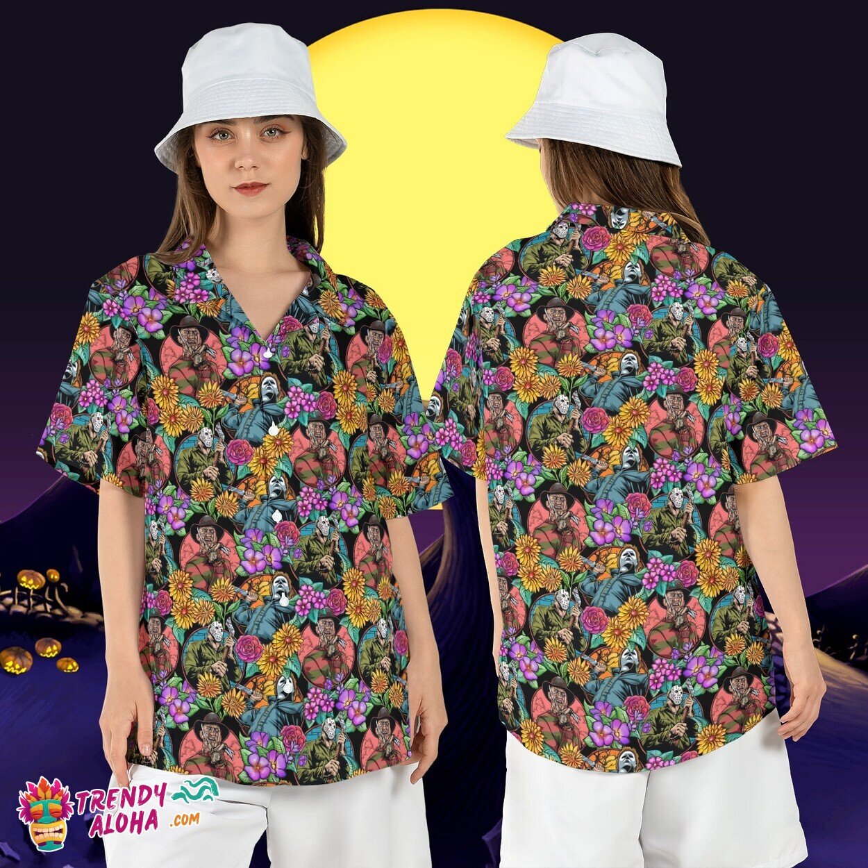 Horror Movies Floral Freddy Jason Michael Halloween Aloha Top