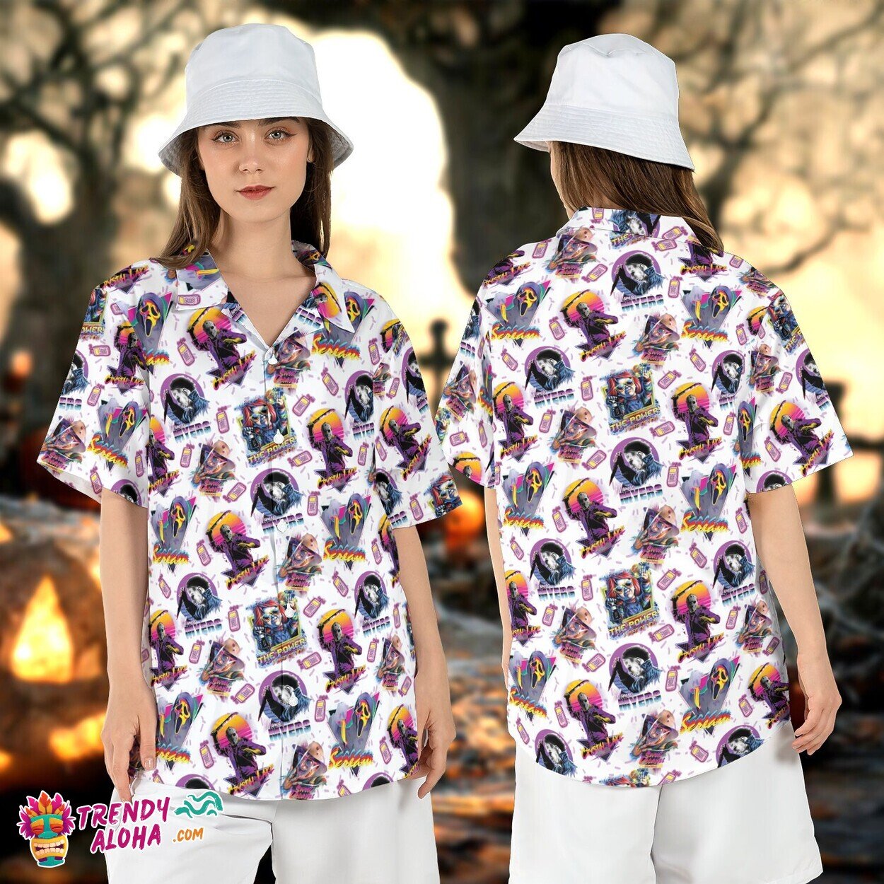 Horror Movies Neon Halloween Characters Killer Aloha Shirt Tee