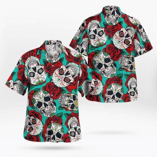 Horror Roses Skull On Mint Background Trendy Hawaiian Shirt